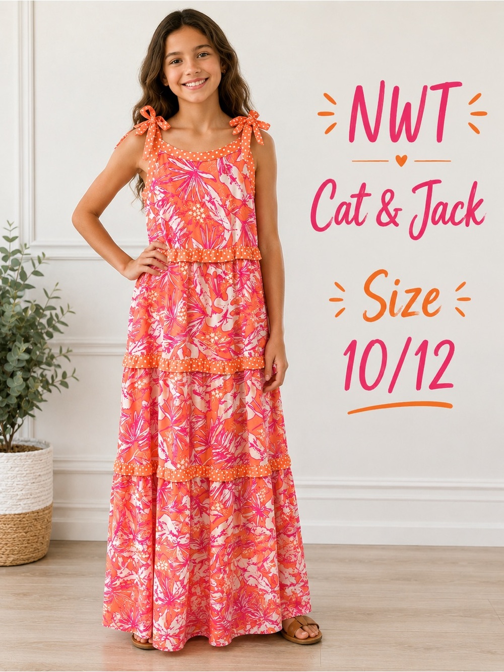 NWT Cat & Jack Girls Tropical Maxi Dress Size 10/12 Pink Orange